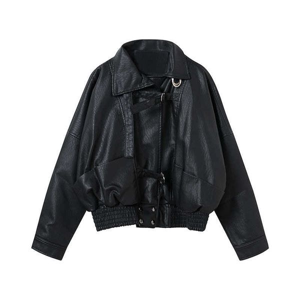 

perhaps u women outwear jacket pocket pu faux leather zipper solid biker punk motorcycle turn down collar c0022 210529, Black;brown