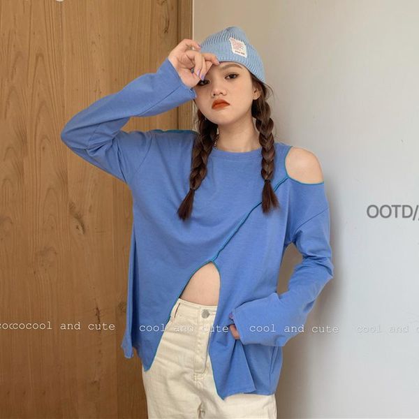 

solid off shoulder ladies casual long sleeve t shirt for women clothing korean asymmetry o-neck tees spring autumn hipster women's t-s, White