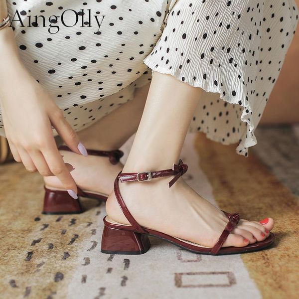 

sandals aingolly retro red women summer 2021 high heels bow cross tie square thick heel open toe platform for, Black