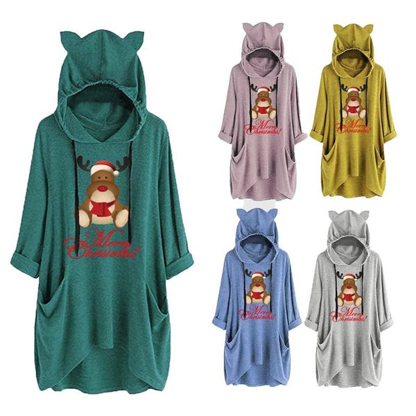 

women's hoodies & sweatshirts christmas fashion ear hat mid-length blouse mid-sleeve cute printed hooded loose sweatshirt 2021 #8, Black