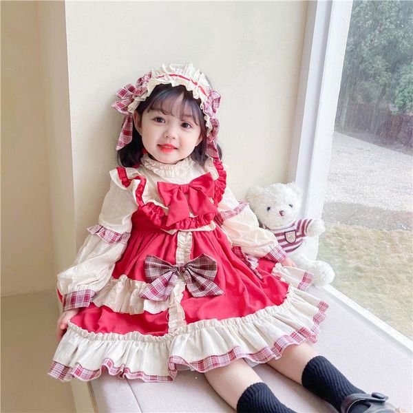 

spring arrival girls long sleeve princess dress kids korean design party lolita with headband girl's dresses, Red;yellow