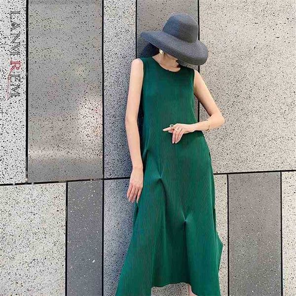 

women's pleated green irregular fashion black big size midi dress sleeveless round neck summer 2e1196 210526, Black;gray