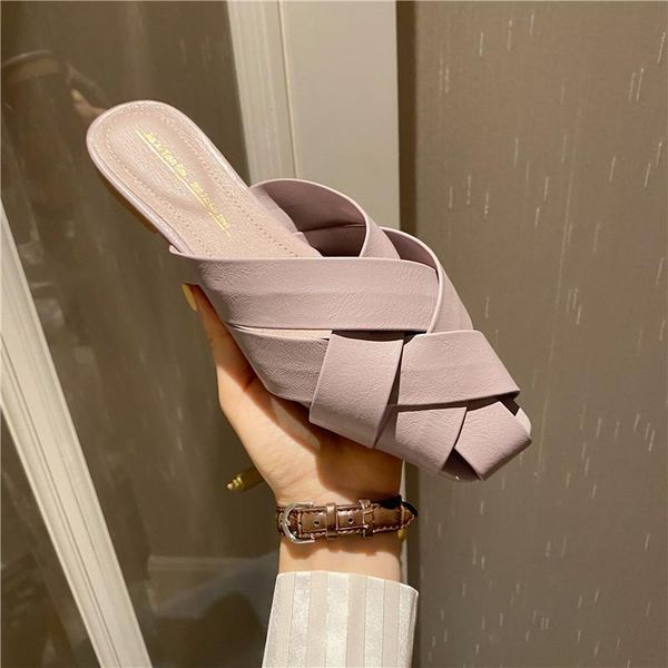 

slippers handmade weaving hollow-out mules women square toe flats slides european outdoor csndy colors closed sandals, Black