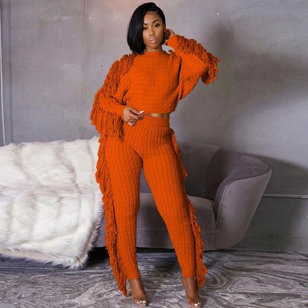 

women's two piece pants tassel knitted set long sleeve crop pencil warm women fall clothing club outfits matching sets, White