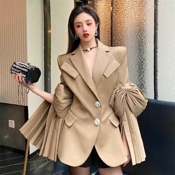 

[ewq] elegant trendy design ladies clothing autumn korean chic pleated khaki coats modern lady outerwear jacket 211014, Black;brown