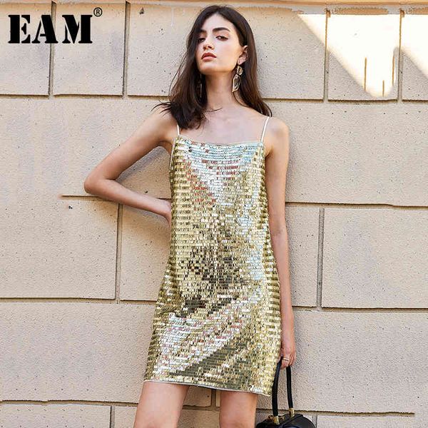 

[eam] women gold color sequins spaghetti strap dress sleeveless loose fit fashion spring summer 1u690 21512, Black;gray