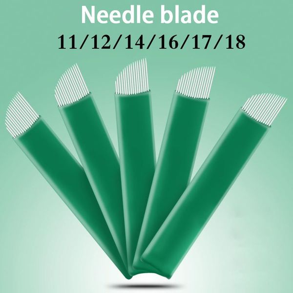 

tattoo needles 100pcs 0.16mm green microblading needle blade 11/12/14/16/17/18pin shape handmade for permanent makeup manual pen