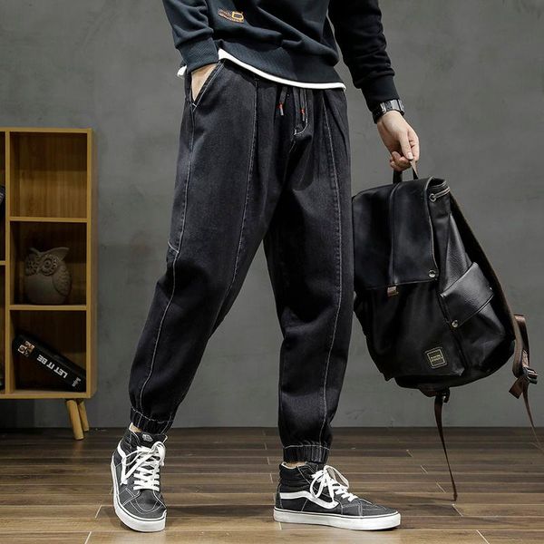 

men's jeans 21 autumn japanese fashion loose large harlan elastic waist and foot binding trousers brand wear, Blue
