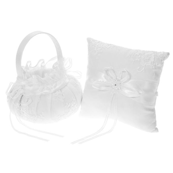 

party decoration 7 * inches ivory white satin ring pillow and wedding flower girl basket set supplies