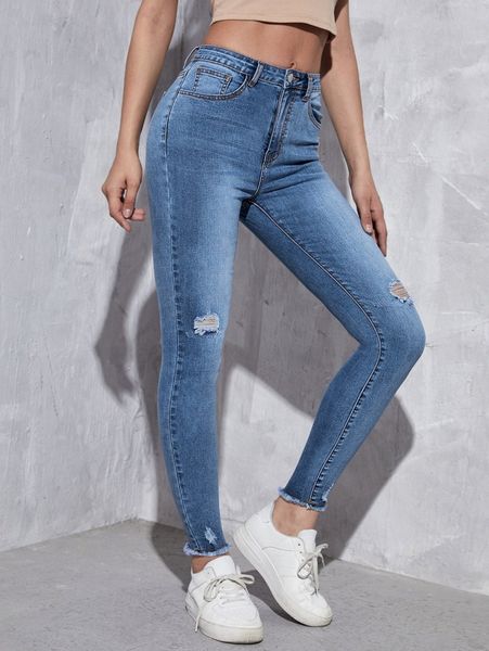 

ripped raw hem skinny jeans z30r#, Blue