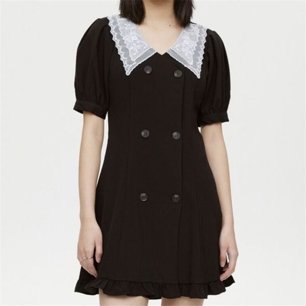 

sweet fashion lace ruffled mini dress women vintage puff short sleeves double-breasted female dresses vestidos 210430, Black;gray