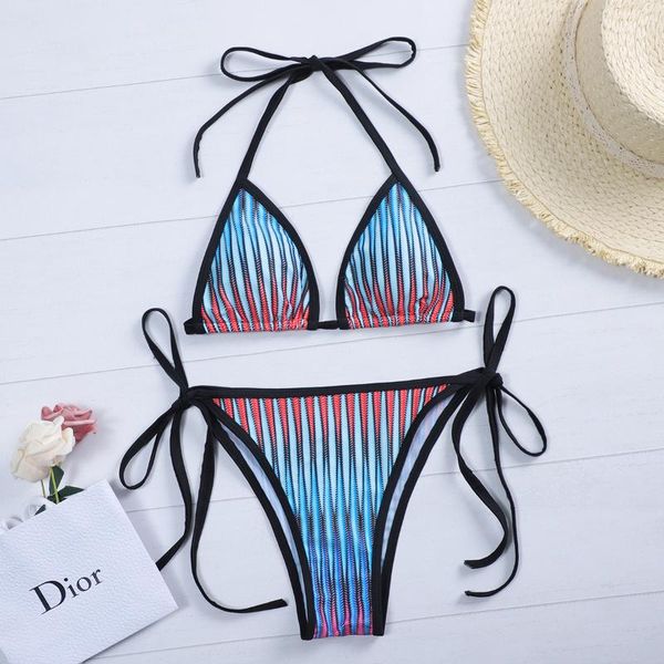 

one-piece suits striped halter bikini 2021 women swimsuit female swimwear two pieces set string bather bathing suit swim lady