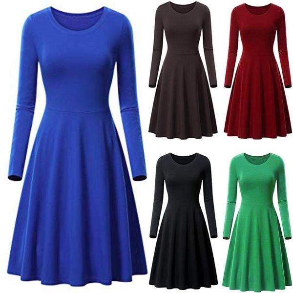 

casual dresses autumn fashion ladies dress o-neck pure color long sleeve a-line vestido bewomen elegant, Black;gray