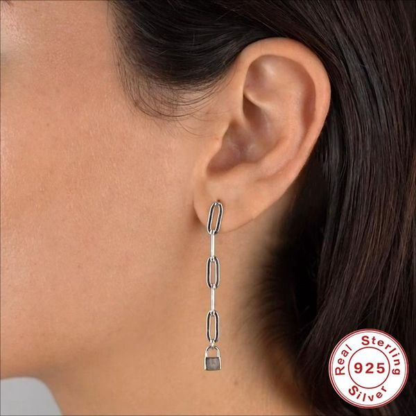 

fashion long lock drop earrings geometric ins chain piercing dangle for women fine jewelry pendientes plata 925 & chandelier, Silver