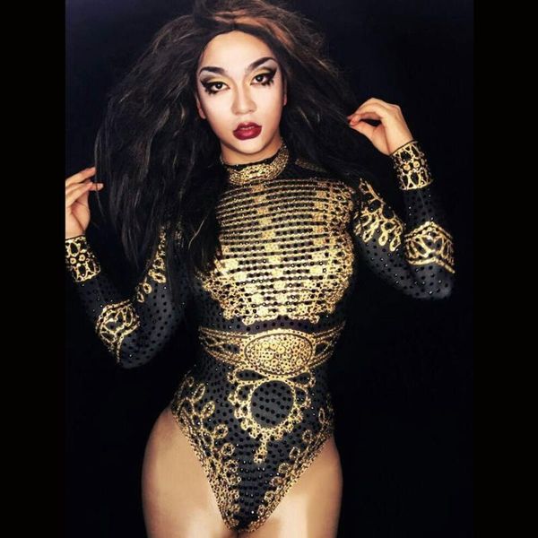 

women's jumpsuits & rompers glisten black gold crystals bodysuit long sleeves outfit dance stage show nightclub costume singer nice leo, Black;white