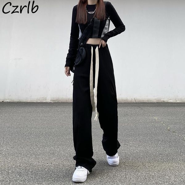 

women's pants & capris casual women baggy solid joggers wide leg oversize streetwear high waist trousers vintage drawstring full length, Black;white