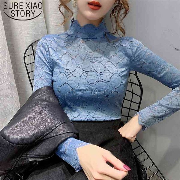 

solid elegant slim korean style women turtleneck casual long sleeve lace blouse spring clothing 7909 50 210506, White