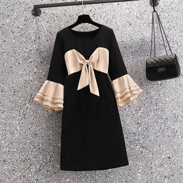 

casual dresses elegant women vintage dress 2021 plus size fall o neck personality office oversized chic flare sleeve korean robe, Black;gray