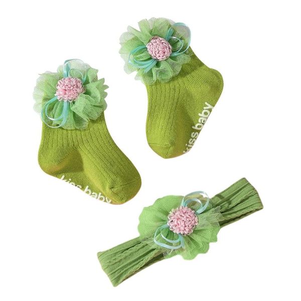 

socks 2pcs baby girl lace flower headband sock set princess girs hair band soft elastic born accessories, Pink;yellow