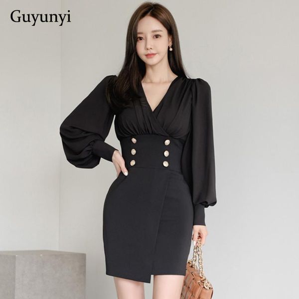 

casual dresses elegant office lady dress 2021 summer black v-neck high waist decorative buttons small folds lantern sleeve tight party, Black;gray