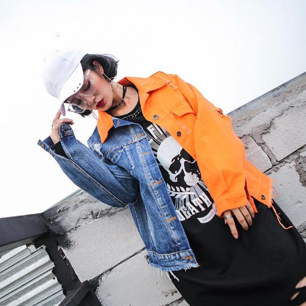 

women's jackets hip hop girls 2021 spring autumn long sleeve blue orange hole patchwork ripped denim jacket washed jeans stylish coat, Black;brown
