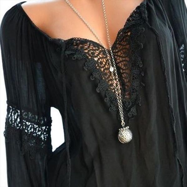 

plus size casual womens shirts v neck long sleeve spring lace patchwork blouse female tunic blusas mujer bigsweety, White