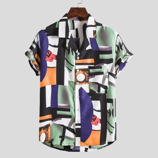 

men's casual shirts 2021 summer mens breathable color block short sleeve square pocket hawaiian shirt, White;black