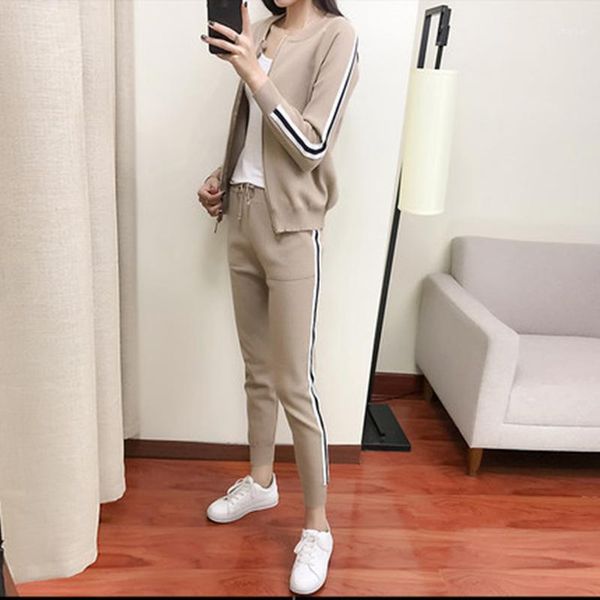 

two piece dress winter autumn women o-neck knitted striped casual sweatshirts pants female fashion pieces sportwear sporting suit zx180, White