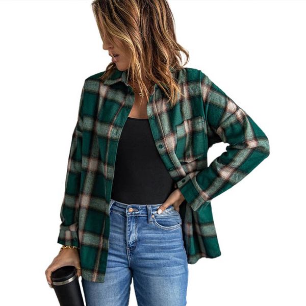 

Shiying Short Plaid Shirt Women Autumn and Winter Stand-up Collar Printed Shirt Long-sleeved Women, White