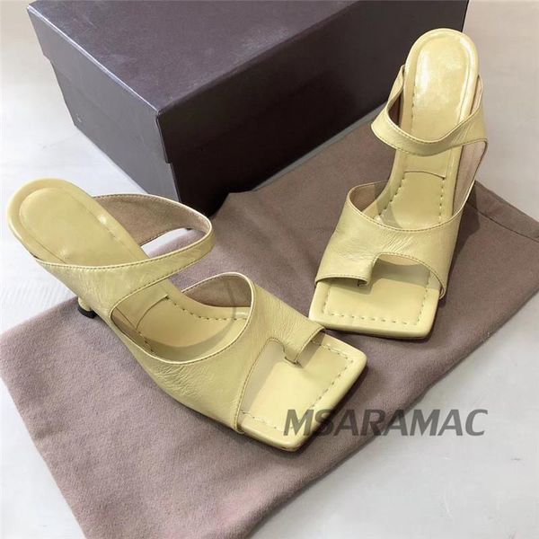 

slippers summer high heel real leather shoes ins fashion celebrity toe-knob formal mules open square toe flip flops women, Black