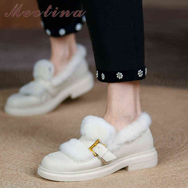 

women's flat leather shoes wool slippers with buckle and belt informal round head beige 2 9, Black