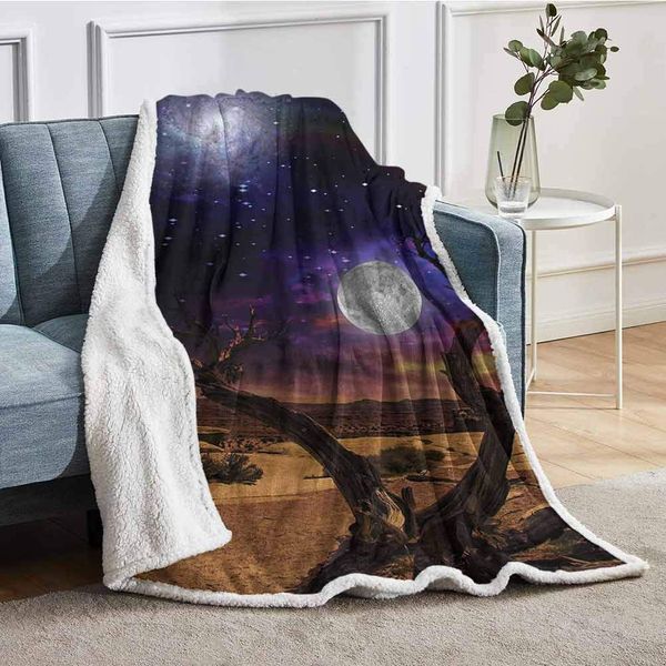 

Fleece Blanket Throw Fantasy Theme Stars Moon and Stardust Nebula in The Desert Nights with Tree Throw Blankets for CouchDark