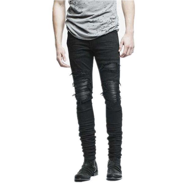 Novos Dropshipping Homens rasgados Biker Jeans Afligido Moto Janim Juntos Destruído Couro Joelho Plissado Calças de Jeans X0621