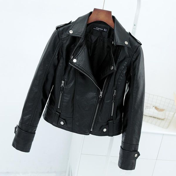 

women's leather & faux spring autumn jacket women fashion slim long sleeve zipper black pushort coat ladies bikers moto coats casaco