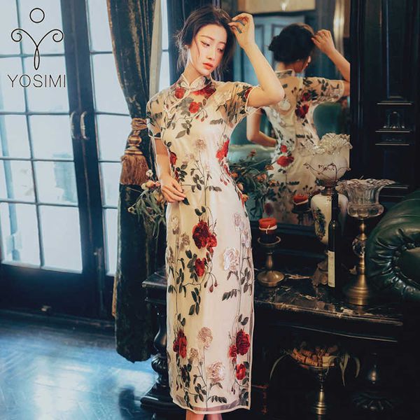 

yosimi floral embroidery elegant short sleeve mid-calf women dress improved cheongsam female vintage vestidos de fiesta 210604, Black;gray