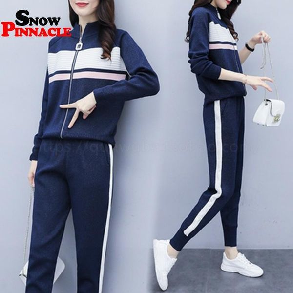 

women stand collar sweater suit sets autumn fashion styled sport long pants girls loose costumes 210524, White