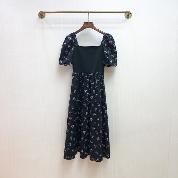 

dress 2021 summer french square neck floral foam sleeve elegant a-line skirt black tea break, White;black