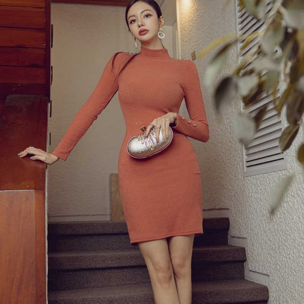 

rib-knit pencil stretchy midi bodycon dress solid women spring long sleeve casual base 210529, Black;gray