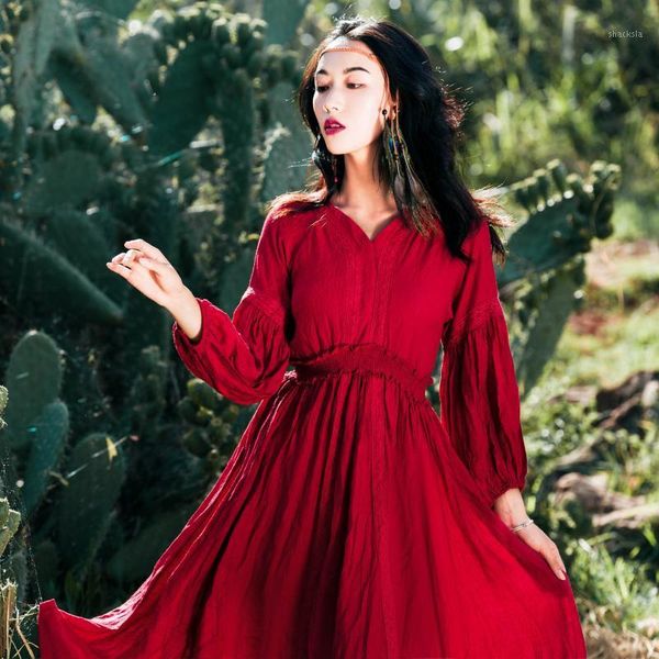 

casual dresses 2021 fashion women's literary retro red long-sleeved cotton and linen dress travel holiday big swing, Black;gray