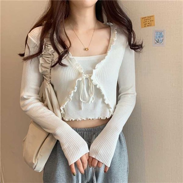 Womens Cardigan s Set Maglione lavorato a maglia Abbigliamento coreano Cardigan con lacci Sottile Sottile Crop Top Pullover 211011