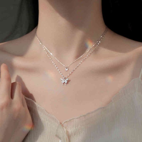 

925 sterling silver natural double layer butterfly necklace girl student korean ins style clavicle chain