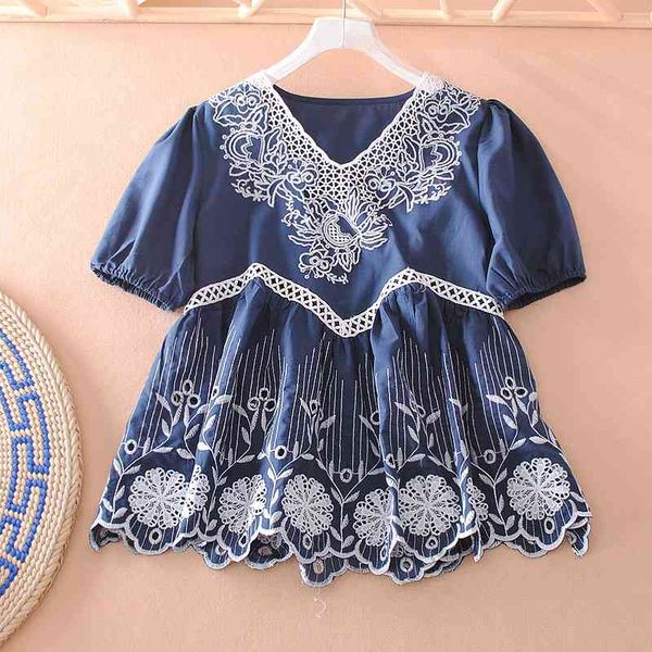 

vanovic women's blouses and summer wild cotton v-neck hollow embroidery fashion women clothing 210615, White