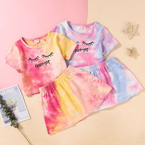 

children's summer baby suit skirt tie dye t-shirt two piece set +, White