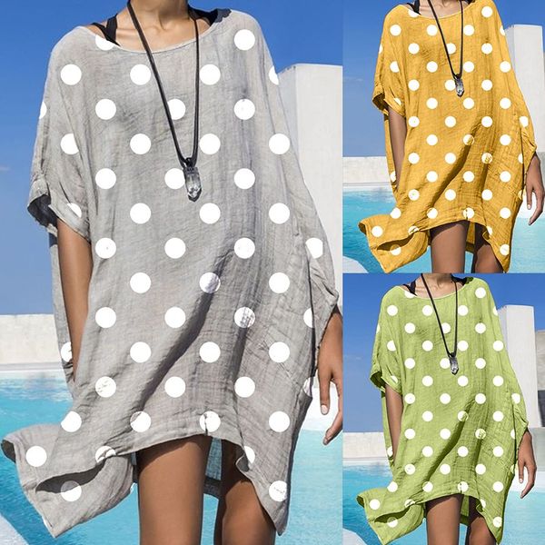 

women's 2021 spring and summer new dot short sleeve cotton linen, White