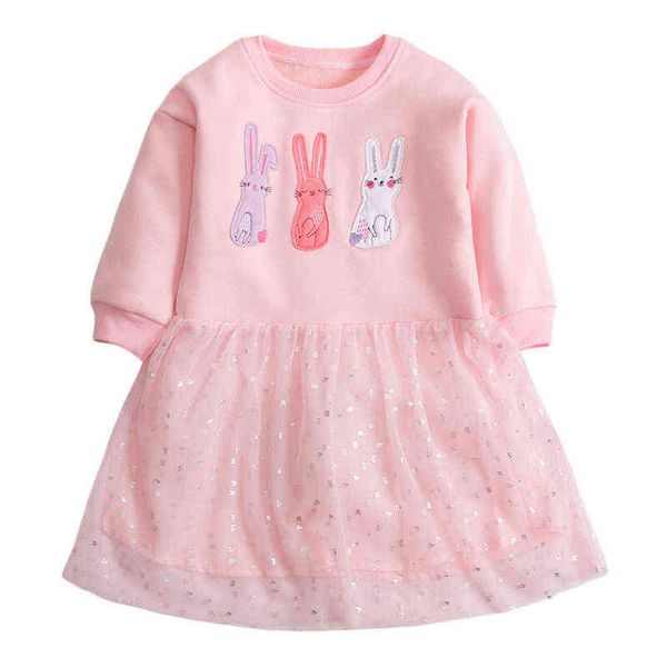 Little Maven Inverno Bordado Coelho Vestido Cute Plus Veludo Longa Manga Algodão Meninas Rosa Vestido Vestidos Casuais Do Pescoço 2-7Y G1215