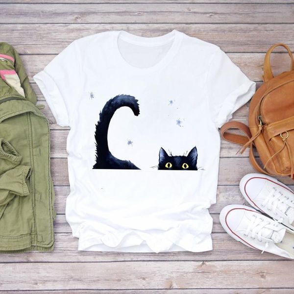 

men printing cartoon cat t shirts lovely cute work style 90s ladies print lady mens graphic shirt female tee, White;black