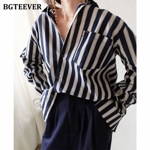 

knits new fashion loose striped women blouses shirts spring single-breasted one pocket female oversized blusas mujer 2021 x3np, White