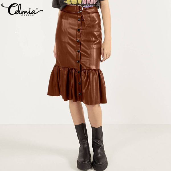 

skirt plus size celmia elegant office lady ruffled women fashion ol pu leather solid buttons party high waist skirts 5xl, Black