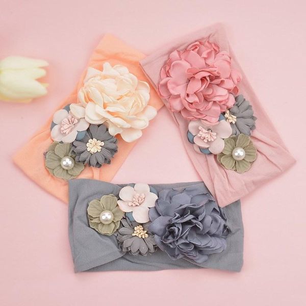 

toddler girls kid baby bow hairband elastic headband cute 3d flower stretch turban head wrap princess hair accessories, Slivery;white