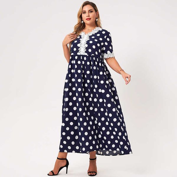

casual dresses summer products women's large size dark blue bohemian v-neck polka dot lace short sleeve long o42m, Black;gray